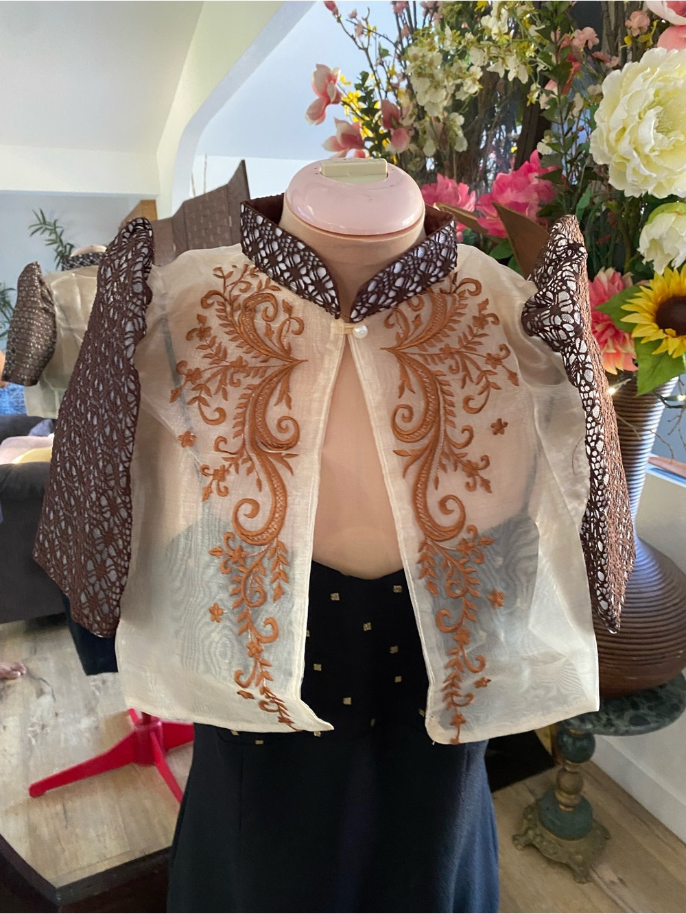 Embroidered Filipiniana Girl Child Organza Short Bolero in Ivory and Brown